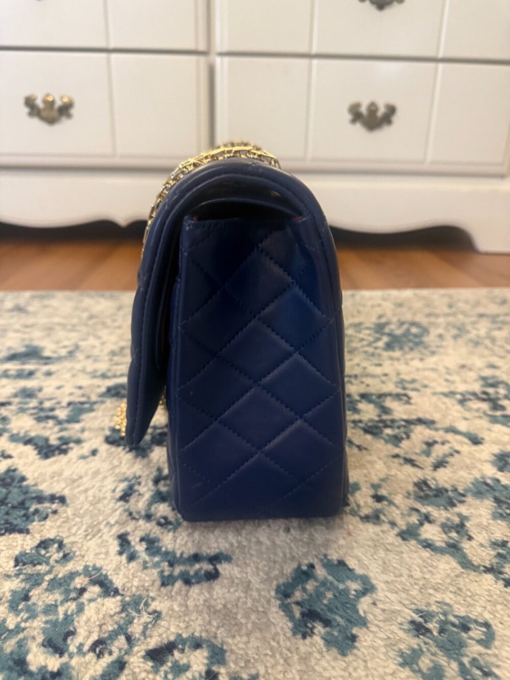 Ainifeel Navy Quilted Leather Bag with Gold Chain - Picture 8 of 16